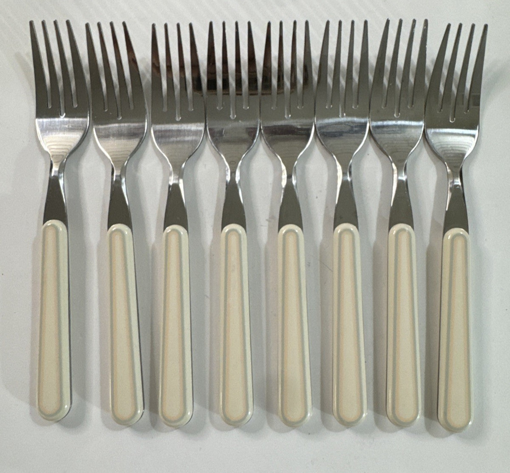 8 Vintage Pfaltzgraff Aura Pink Salad Forks Stainless Flatware Cream Resin MCM